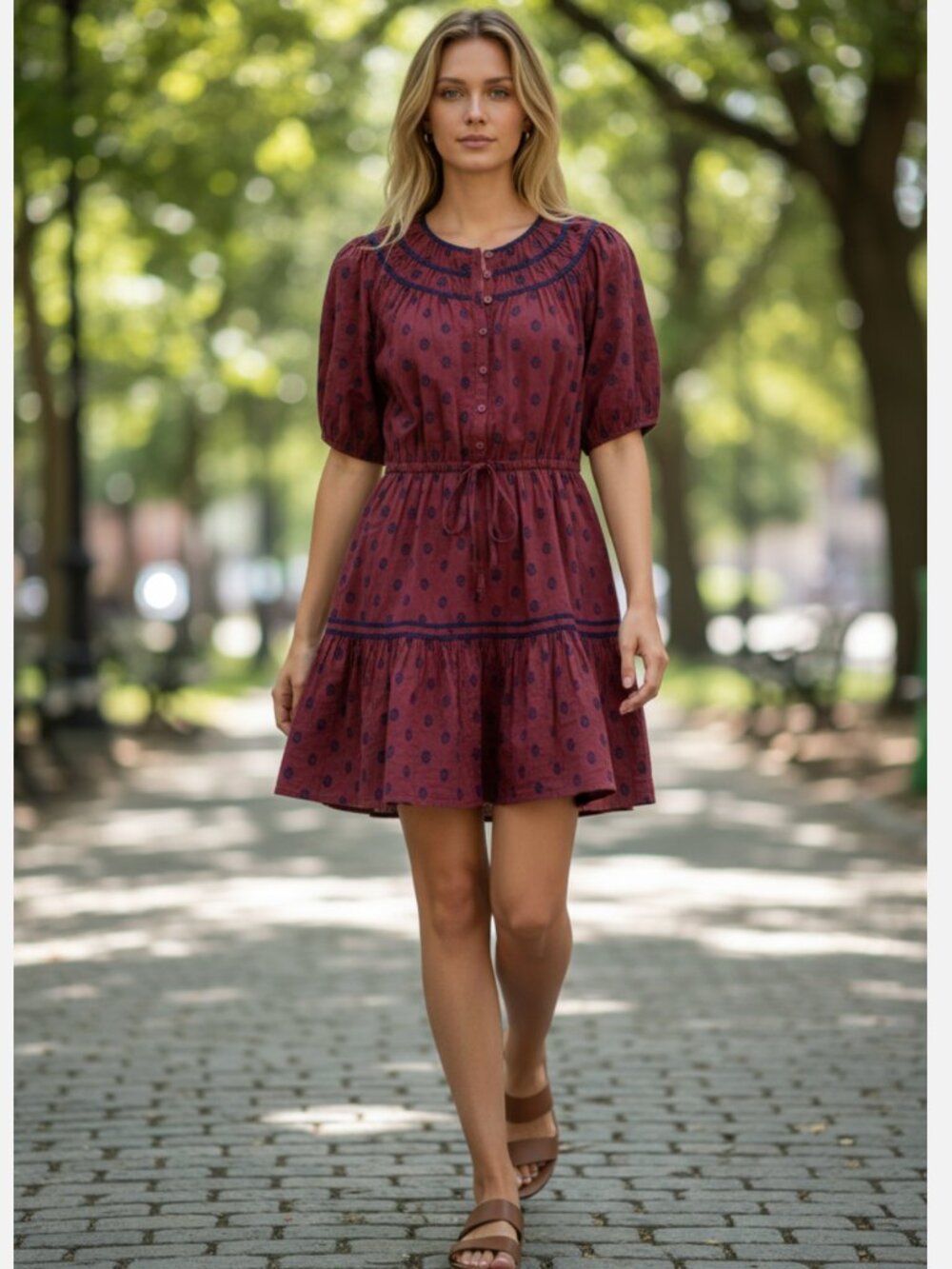 NWT  Treasure & Bond Short Sleeve Cotton Blend Tiered Minidress  BURGUNDY RHOD L